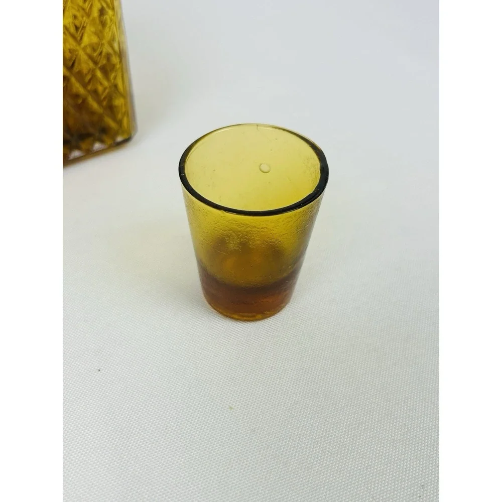 Vintage Amber Square Diamond Point Decanters Glass Stopper Shot Glass MCM Set